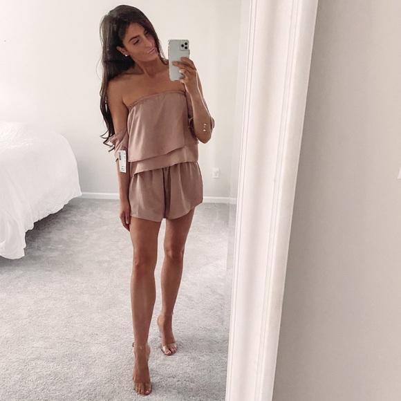 Reverse Pants - Beige Silk Strapless Romper